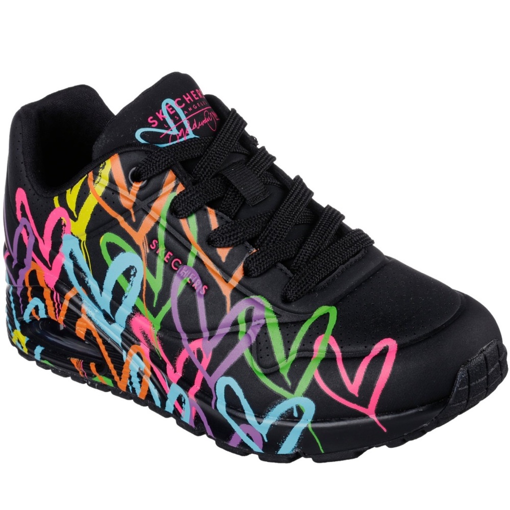 Skechers JGoldcrown Black Sneakers with Colorful Heart Design